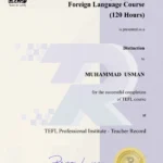 TEFL Certificate (120 Hours) from TEFL Professional Institute awarded with Distinction