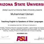 TESOL Certificate from Arizona State University Global Launch showing 150+ hours of ESL teaching training